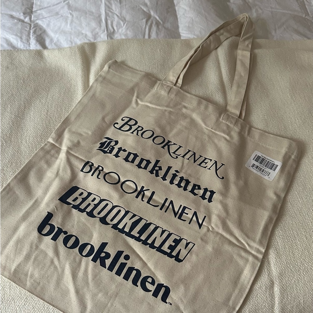 Brooklinen Beige Canvas Tote with Blue Print